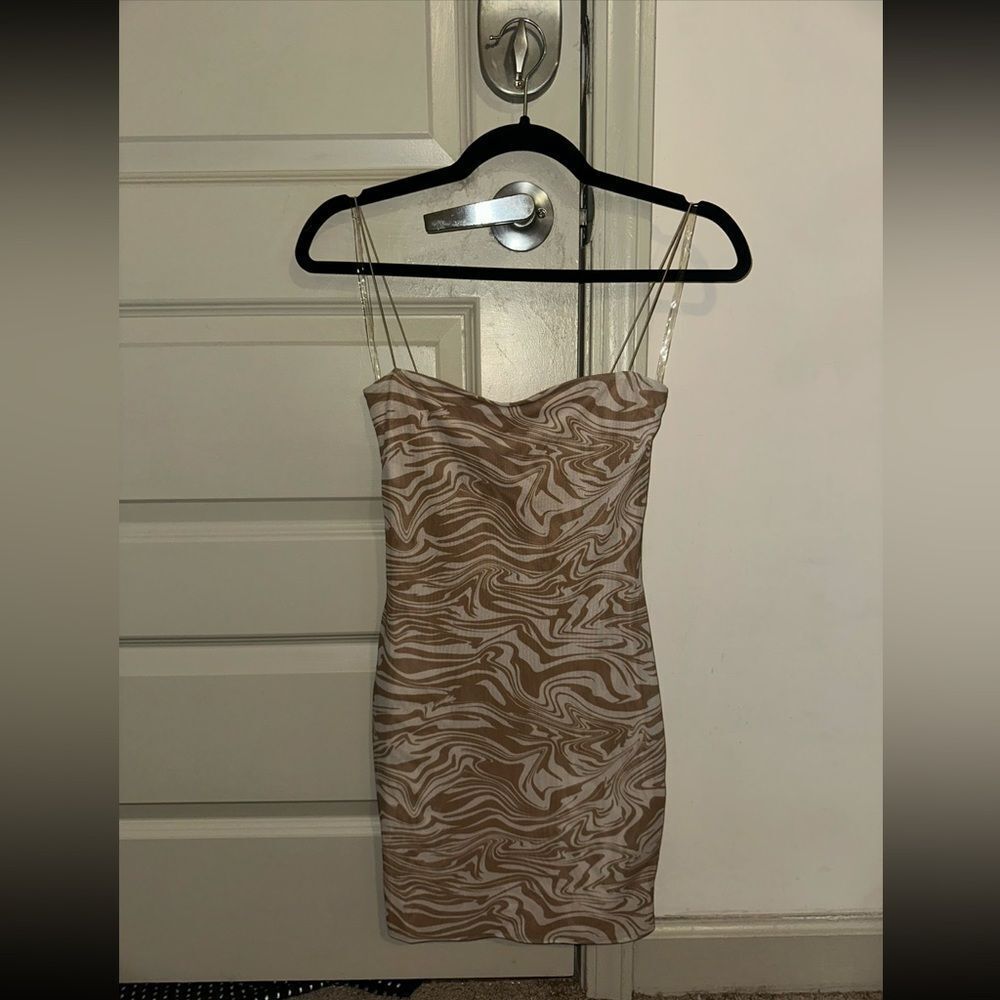 Meshki Beige and White Marble-Print Mini Dress